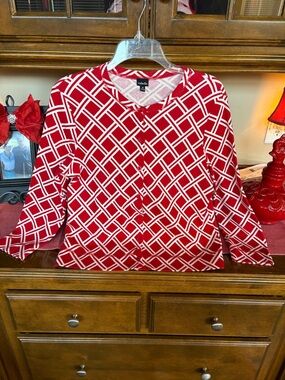 Rafaella Red and White Lattice cardigan sweater sz M like NEW Beautiful!!